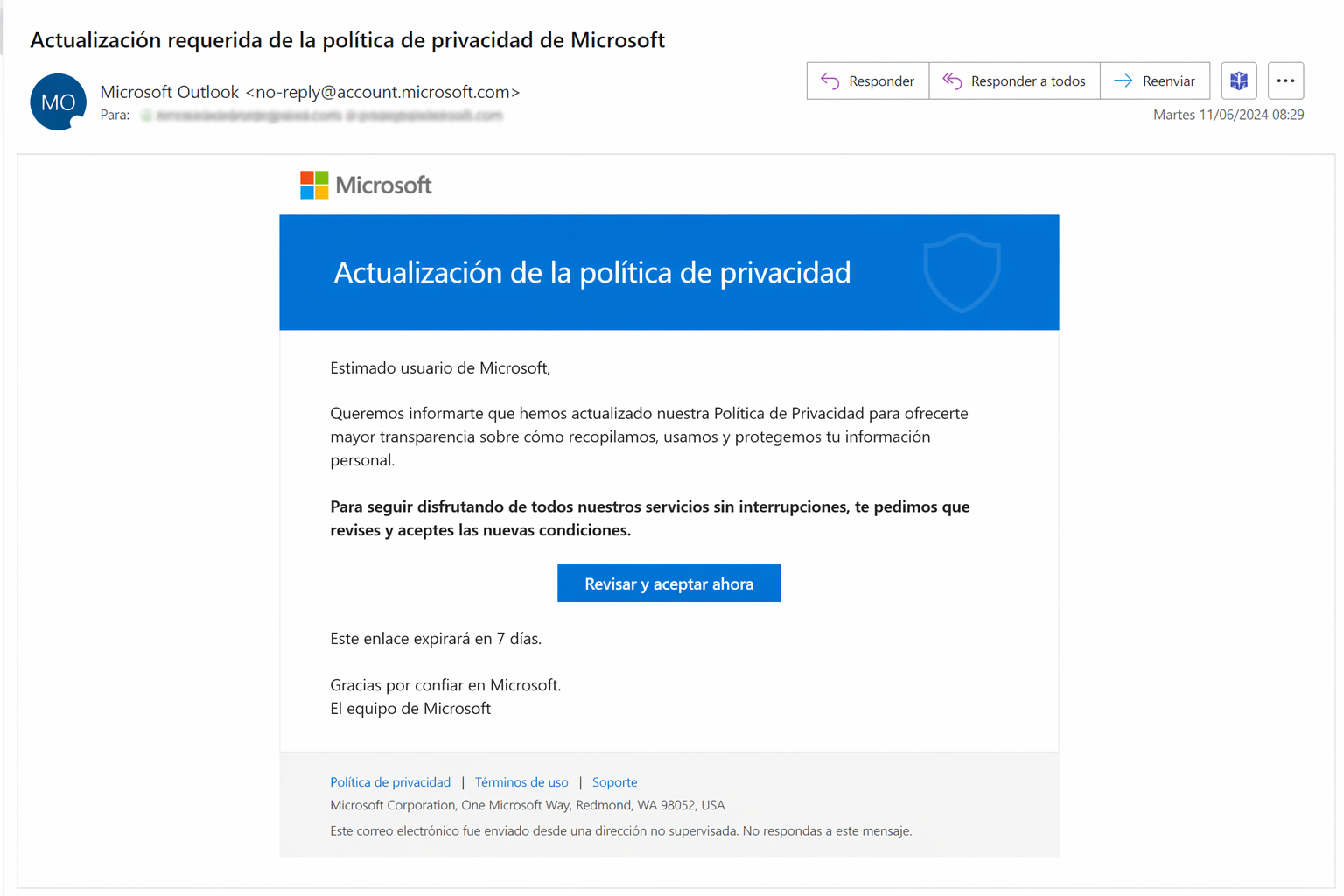 Microsoft phishing template — Privacy Policy Update