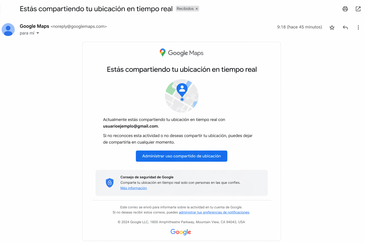 Google Maps phishing template — Location Sharing Alert