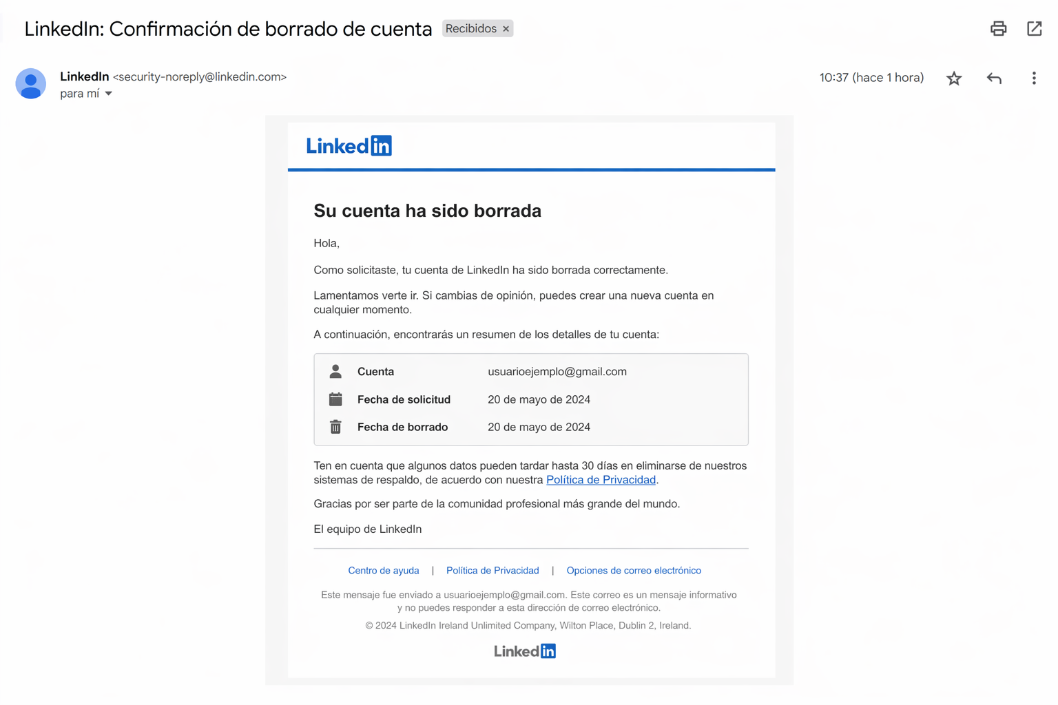 LinkedIn phishing template — Account Deletion Confirmation