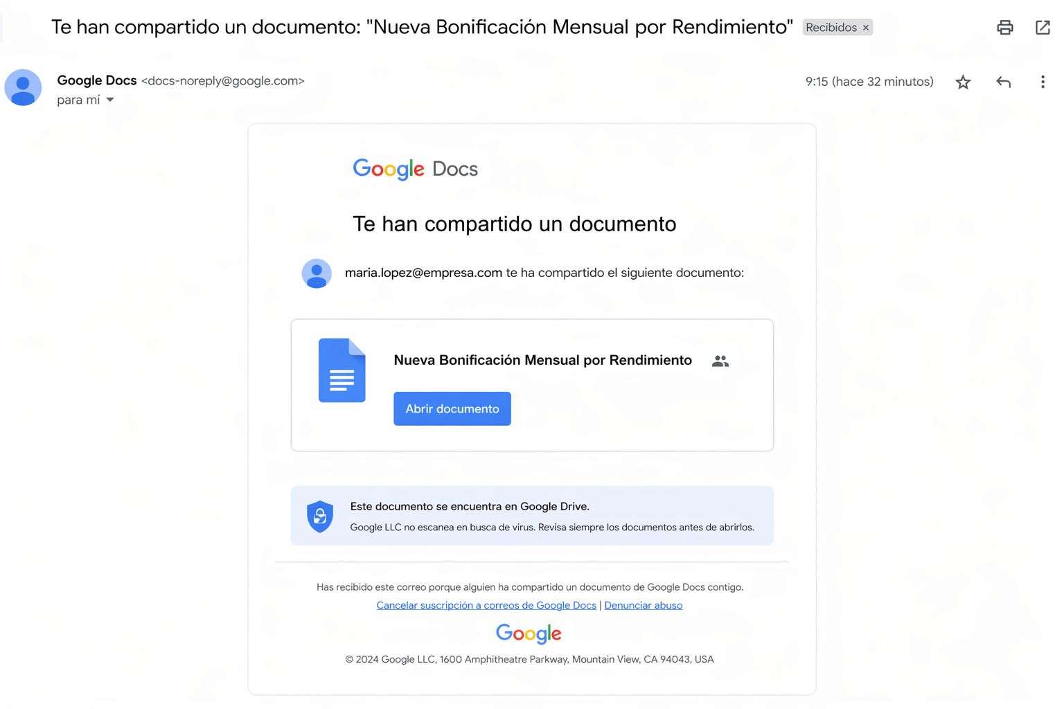 Google Docs phishing template — Shared Document