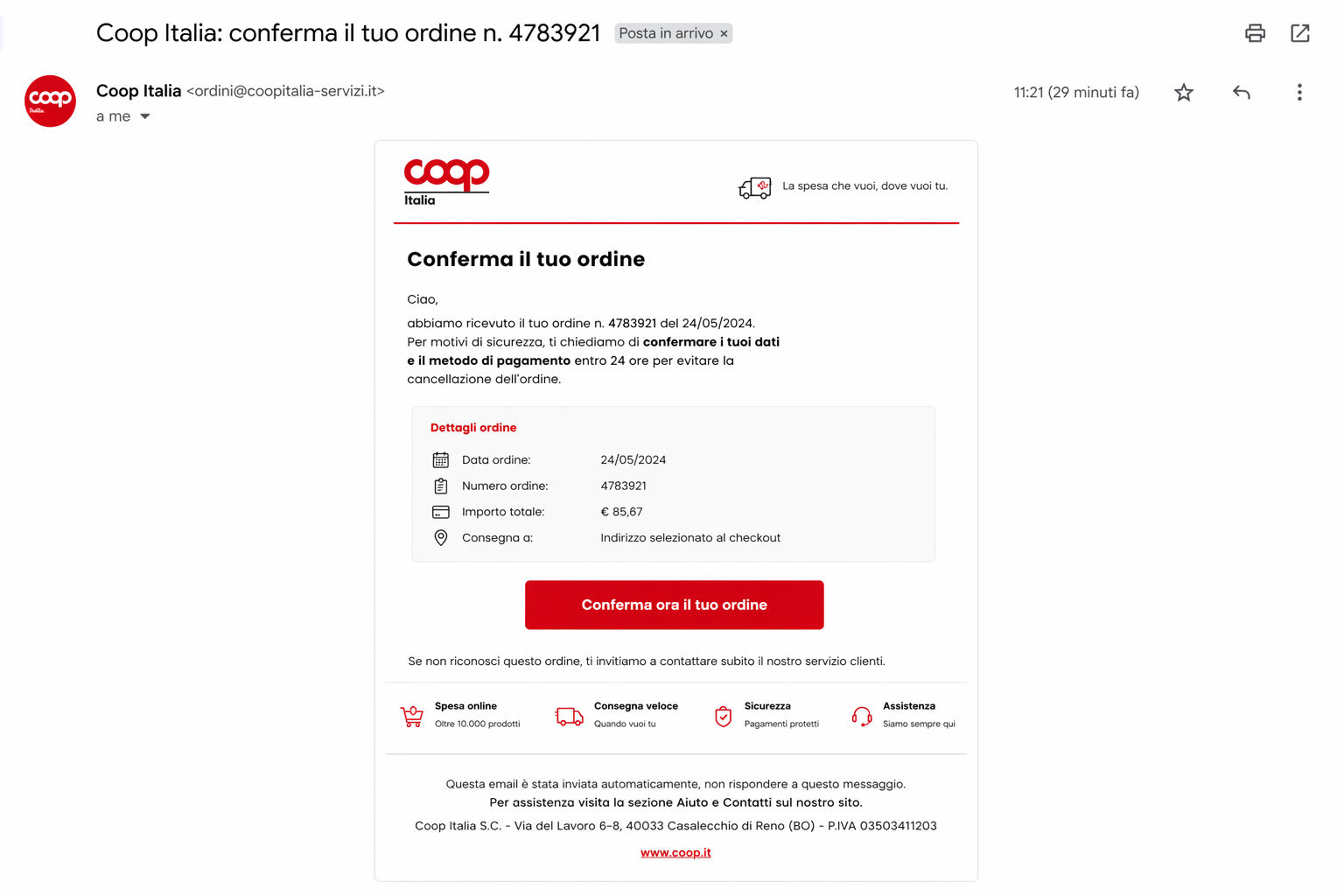 Coop Italia phishing template — Order Confirmation Required